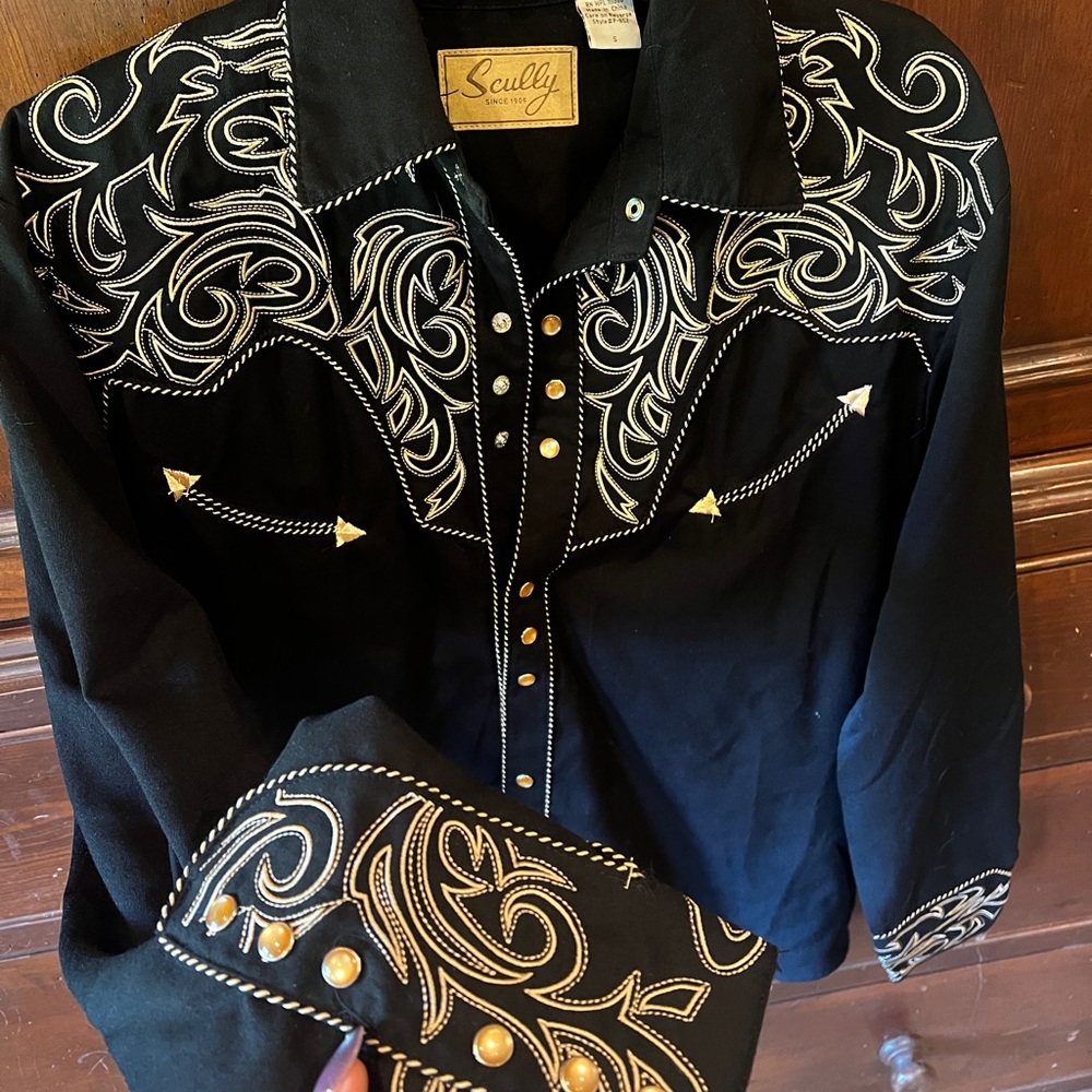 Scully Black Shirt with White Embroidery and Gold Details